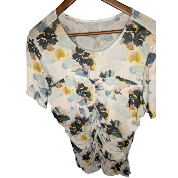 Torrid Womens Floral Ruched Stretch Mesh Blouse Top Crew Neck Sweetheart Bodice - Picture 10 of 10